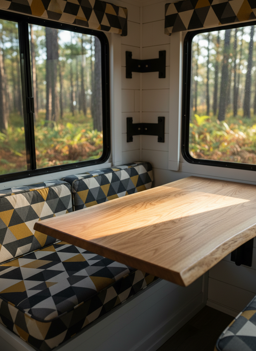 A close-up interior shot of a renovated camper dinette featuring bold, geometric-patterned upholstery in charcoal, mustard, and cream, wrapping around a live-edge oak table with a satin finish. The seating is built into crisp white shiplap walls, with matte-black metal brackets and industrial-style hardware that feel rugged yet refined. Large windows along the side walls reveal a soft, defocused forest of Appalachian pines and ferns. Late afternoon sunlight pours in, casting angular shadows across the tabletop and making the wood grain glow. Photographic realism with shallow depth of field keeps the foreground razor sharp while the forest outside melts into smooth bokeh, creating an energetic, modern, and inviting atmosphere perfect for planning the next adventure.