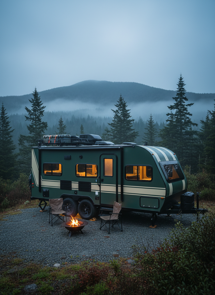 A rugged Appalachian campsite at dawn featuring a dramatically renovated camper trailer parked on a small gravel pad, its exterior painted matte deep green with bold cream accent stripes and a black roof rack. The camper’s awning is extended, sheltering a pair of empty camp chairs and a sleek, portable firepit with a few glowing embers. Mist clings to the surrounding mountains and tall pines, softened by cool, blue-grey early morning light. The camper’s interior glows warmly from within, visible through large windows, hinting at wood accents and modern fixtures. Photographic realism, shot from a low angle that makes the camper feel powerful and ready for adventure, with a wide composition capturing both the trailer and the sweeping, moody Appalachian landscape.