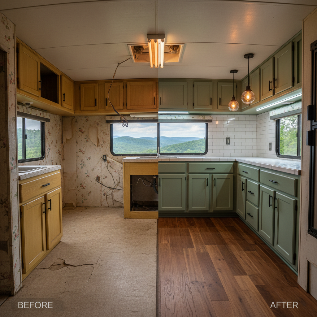 The split interior of an aging camper trailer shown in a bold before-and-after composition: on the left, cracked vinyl flooring, yellowed laminate cabinets, and dim, flickering overhead fixtures; on the right, the same space reborn with rich walnut floors, matte sage-green cabinets, and sleek black hardware. A panoramic, photographic view from the rear of the camper faces forward toward a large panoramic window framing distant Appalachian hills. Clean, bright LED strip lighting under cabinets contrasts with warm pendant-style fixtures, creating punchy highlights and dynamic shadows. The overall mood is dramatic and triumphant, emphasizing contrast and renewal, with sharp focus and high clarity that highlight every texture, from peeling wallpaper to smooth new subway tile.