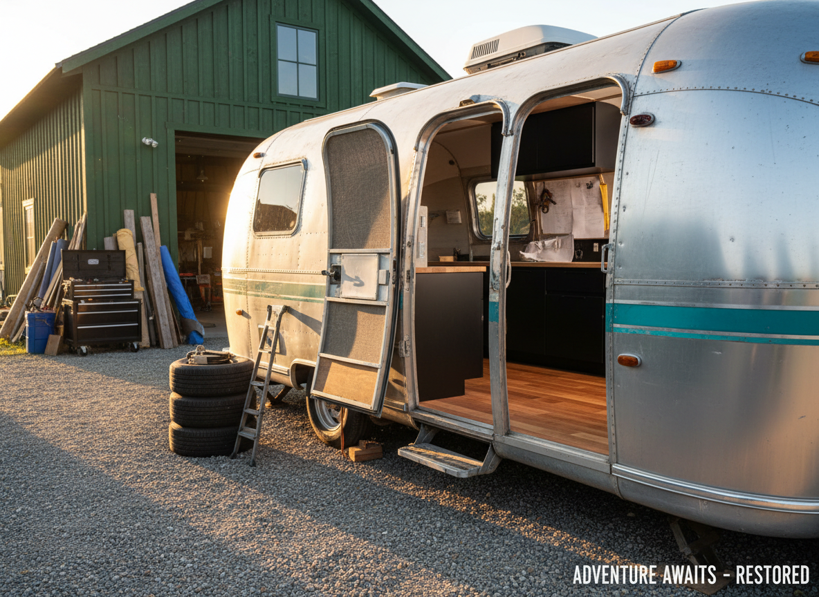 A vintage silver Airstream camper with weathered aluminum panels and faded turquoise stripes sits in front of a rustic wooden workshop painted deep forest green. The camper’s side door is open to reveal a half-finished, dramatically updated interior with bold matte-black cabinetry and warm hickory floors. Golden hour sunlight cuts across the gravel driveway, creating sharp, confident shadows and a bright rim of light along the camper’s curves. Behind it, stacks of reclaimed lumber, rolls of fabric, and tool chests are softly out of focus. Photographic realism, shot at eye level with a slightly wide lens, crisp detail throughout, conveying a bold, adventurous mood and the promise of transformation for old trailers.