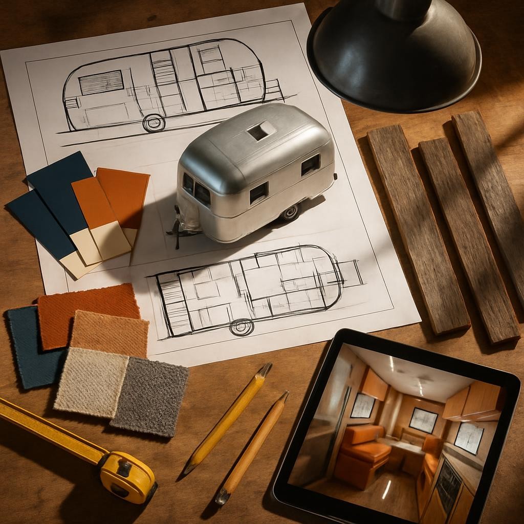 An overhead, bird’s-eye view of a design worktable inside a camper renovation shop, covered with bold camper makeover materials. Spread out neatly are large floorplan sketches of a trailer, paint swatches in deep navy, burnt orange, and crisp white, samples of textured upholstery fabrics, and strips of weathered barn wood. A miniature silver camper model sits at the center, surrounded by measuring tapes, carpenter pencils, and a tablet showing a 3D rendering of a revamped interior. Strong, directional workshop lighting from a metal pendant above creates vivid highlights and hard-edged shadows, giving the scene a dynamic, energetic feel. Photographic realism with sharp detail and a clean, top-down composition emphasizes the creative, hands-on planning process behind every camper revival.
